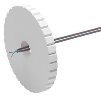 Folded ends of cord inserted into center of Kumihimo disc